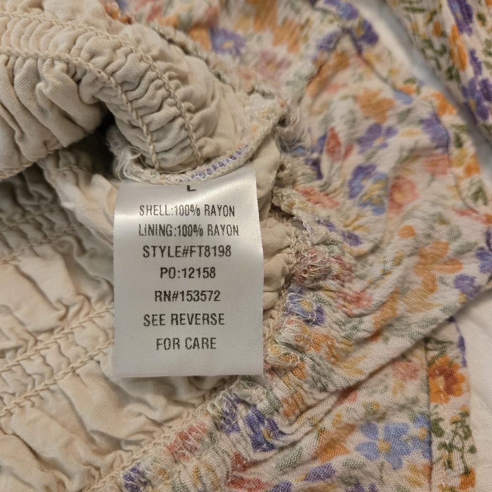 Bohme Smocked Crop Top Long Puff Sleeve Floral Pink Lavender Ivory Ruffle Large - Picture 10 of 14